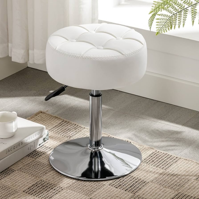 Tufted Vanity Stool Adjustable Chrome Pedestal Swivel Base