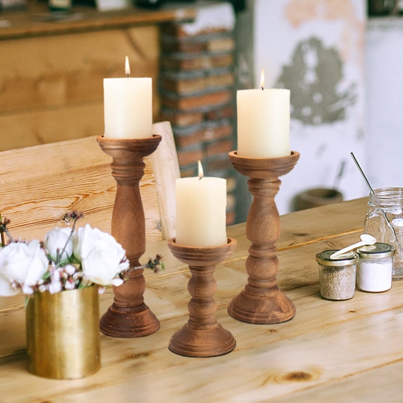Turned Wood Pillar Candle Holder Set, Vintage Inspired Staggered Heights