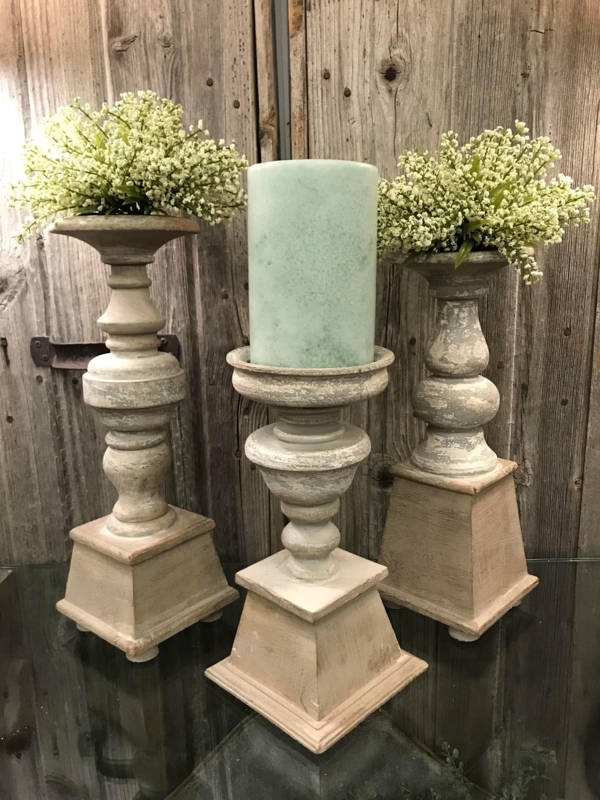 Turned Wood Pillar Holder Chippy Finish, Square Pedestal Base
