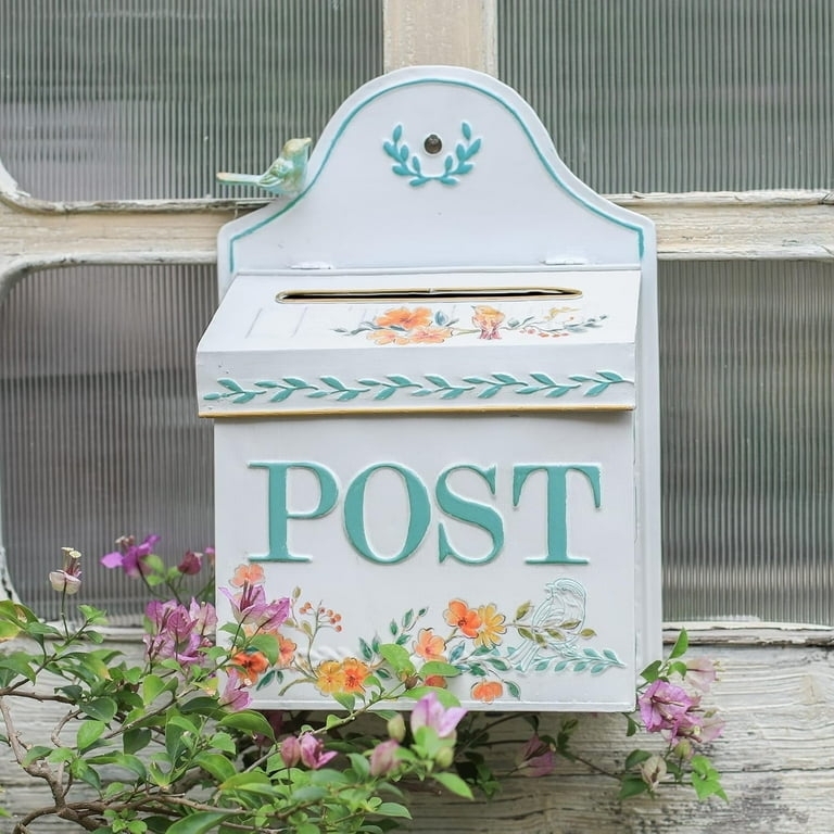 Turquoise Wall Mounted Mailbox Embossed Post Bird Figurine White