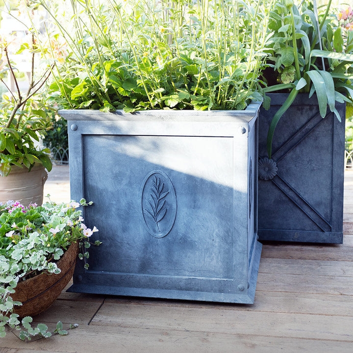 Tuscan Square Planter Aged Zinc Embossed Medallion Rivets