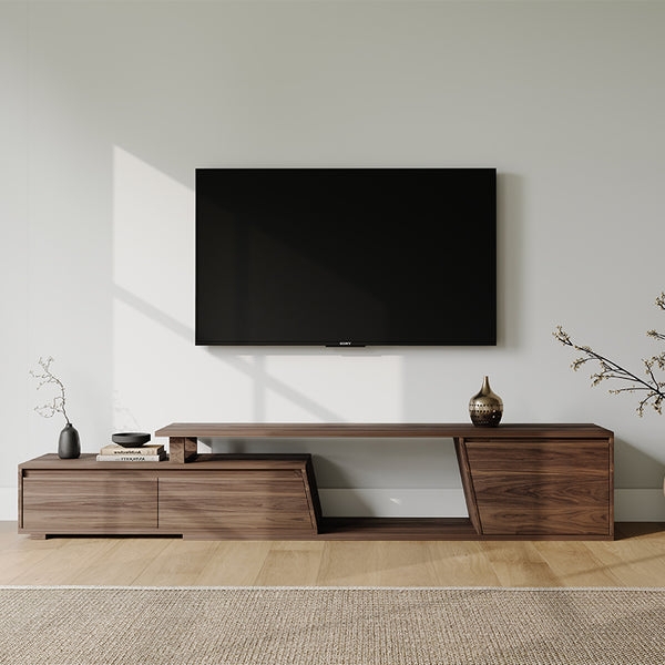 TV Console Japandi Extendable Walnut with Angled Fronts LED Lighting