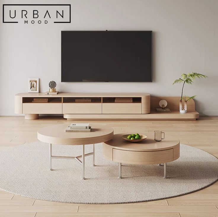 TV Console Japandi Light Oak Staggered Shelving Rounded Edges