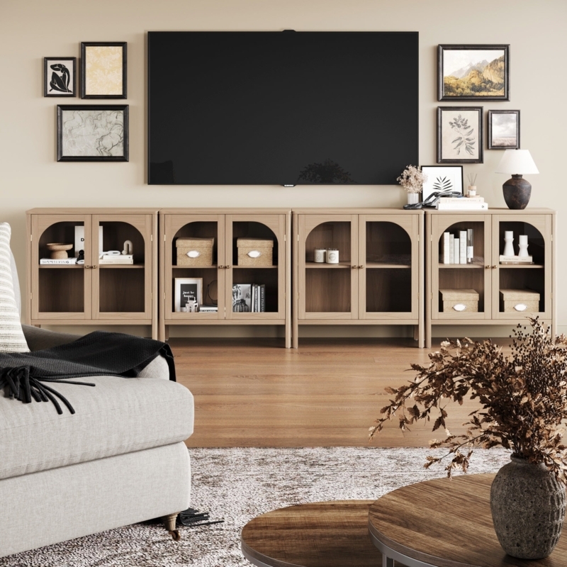TV Console Modular Set Raw Oak Arched Glass Doors