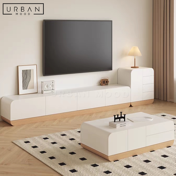 TV Console Set Japandi Modular Matte White Plinth Base Curved Corners