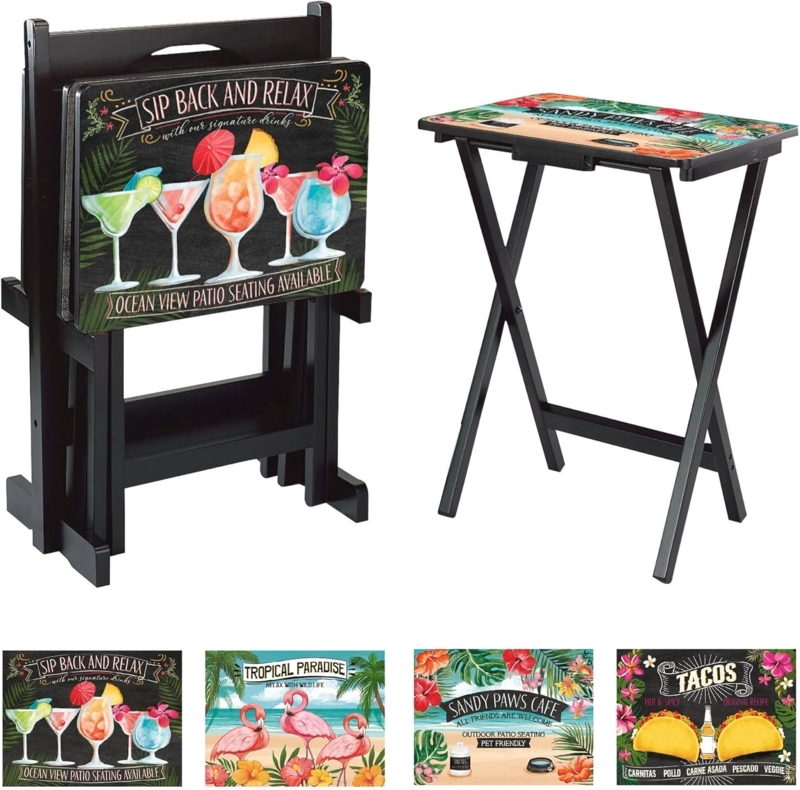 TV Dinner Trays Tropical Cocktail Illustrations Matte Black Rack Set