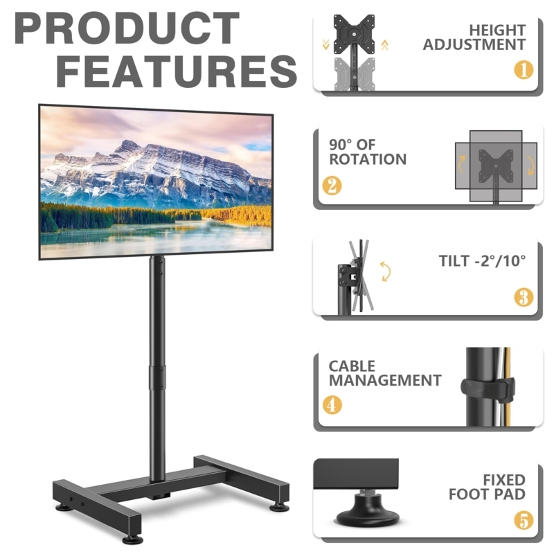 TV Floor Stand 90 Degree Rotation Matte Black H-Shaped Base Tilt