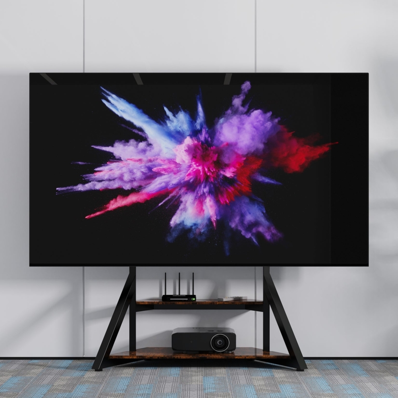 TV Floor Stand A-Frame Design Integrated Storage Mobile Base Wood Toned