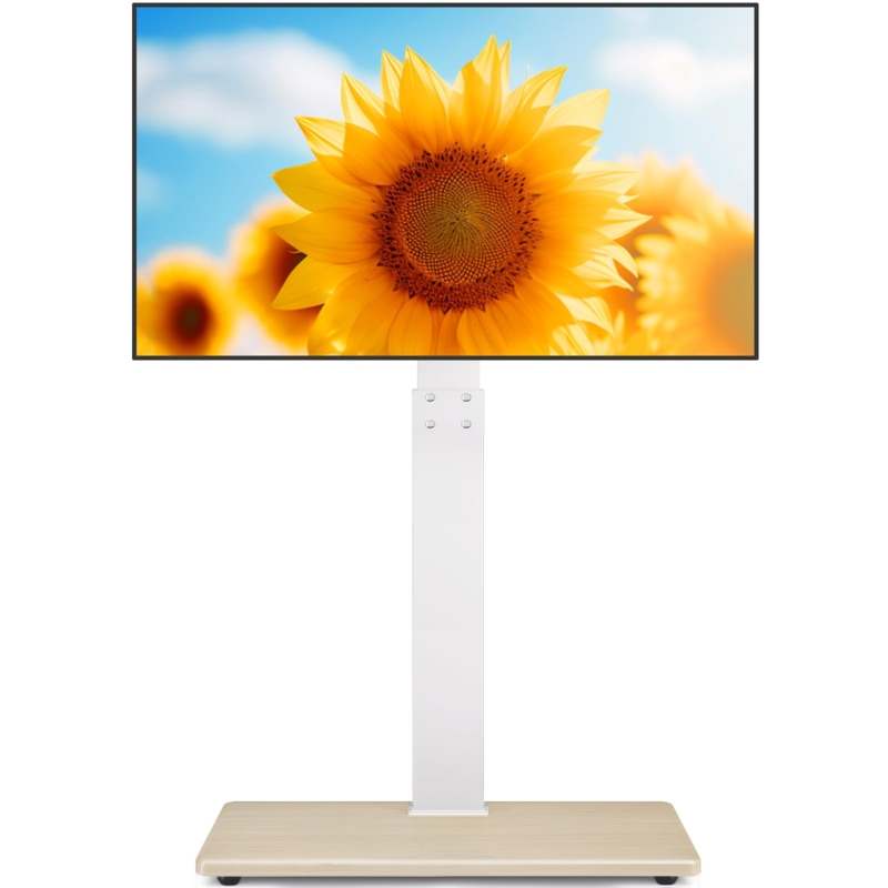 TV Floor Stand Crisp White Column Wood Toned Base Adjustable Height