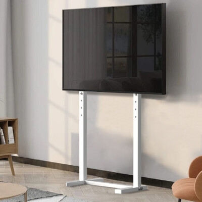 TV Floor Stand: Dual Pillar Design, Matte White Finish, Height Adjustable.