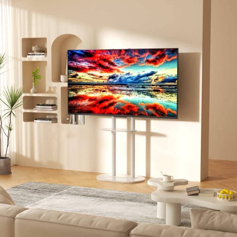 TV Floor Stand Dual Pillar White Oval Base Japandi Style Mount