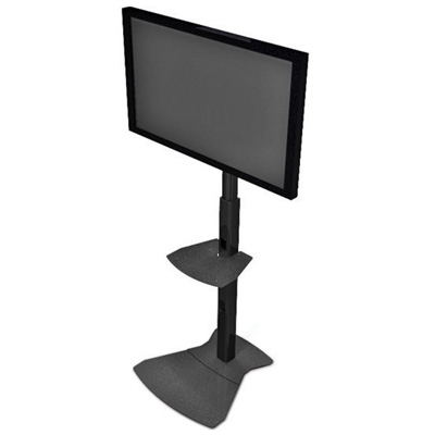 TV Floor Stand: Flared Base, Integrated Media Shelf, Matte Black Industrial.