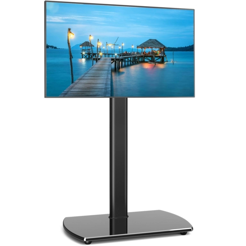 TV Floor Stand: Glossy Tempered Base, Swivel Mount, Modern Minimalist Style.