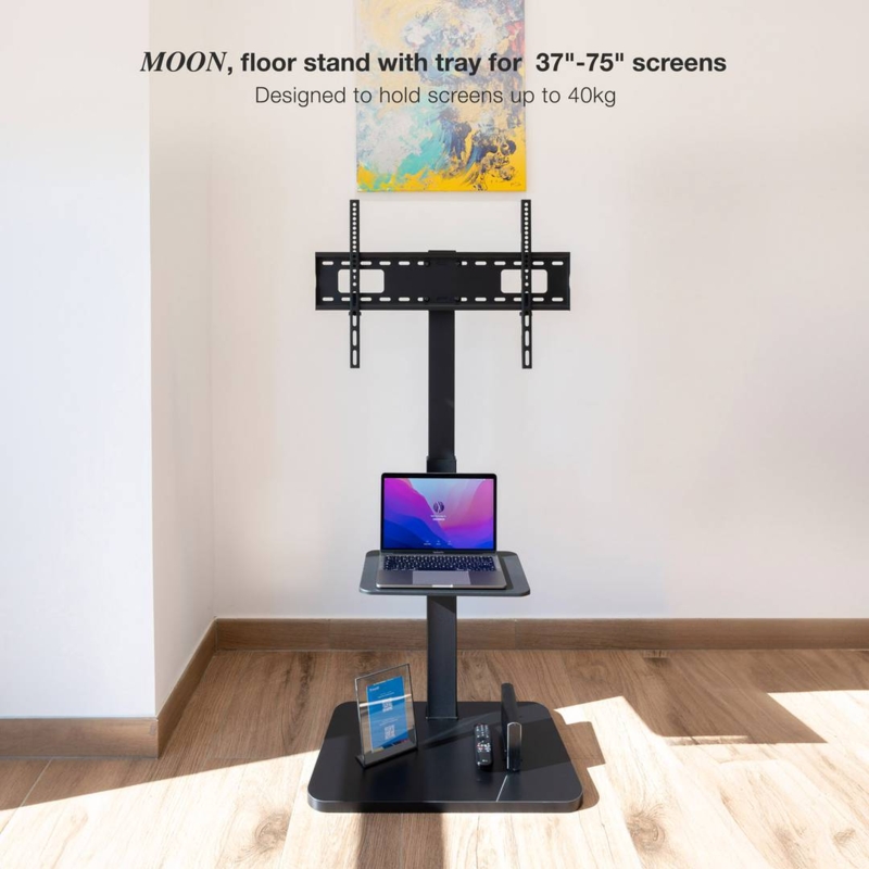 TV Floor Stand: Integrated Laptop Tray, Metal Construction, Slim Profile.
