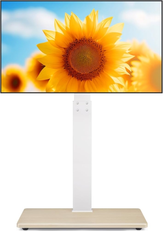 TV Floor Stand: Light Oak Wood Grain Base, White Column, Slim Scandi Style.