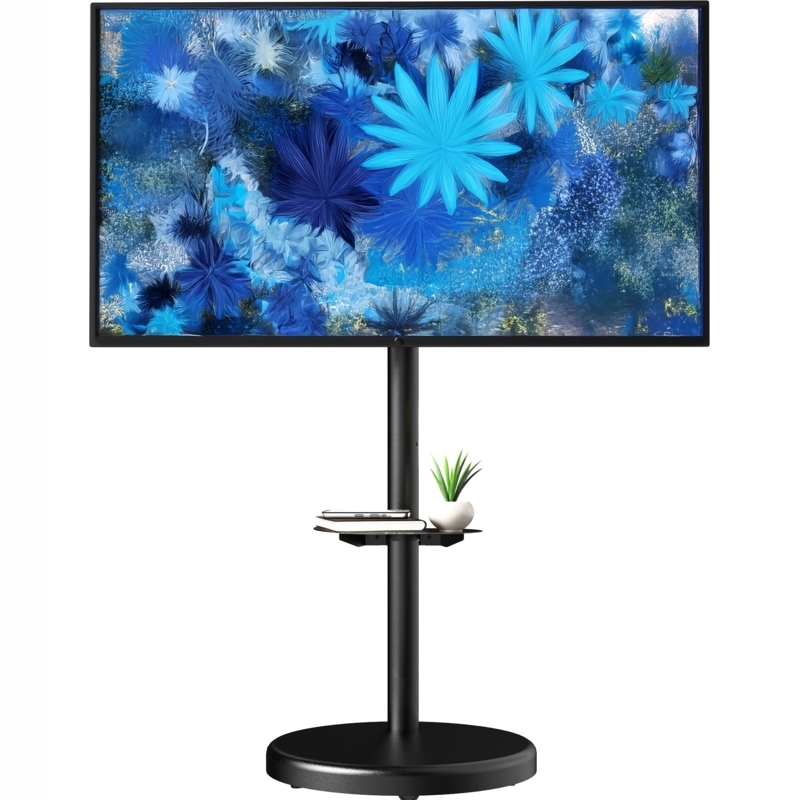 TV Floor Stand Mobile Circular Base Utility Shelf Matte Black