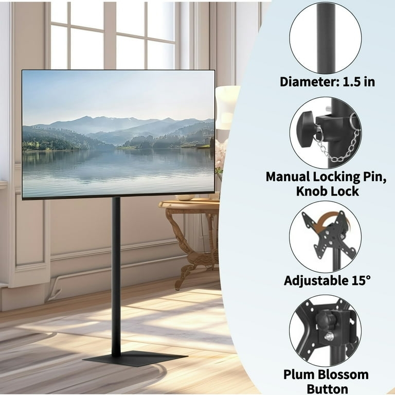 TV Floor Stand Square Flat Base Locking Pin Tilt Adjustment Slim Pole