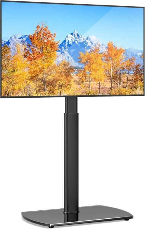 TV Floor Stand Telescopic Pole Rectangular Glass Base Black Mount
