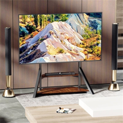 TV Floor Stand Tripod Legs Dual Wood Toned Shelves Heavy Duty