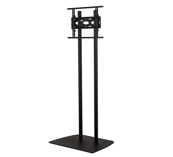 TV Floor Stand: Twin Pole Support, Rectangular Base, Heavy Duty Mount.