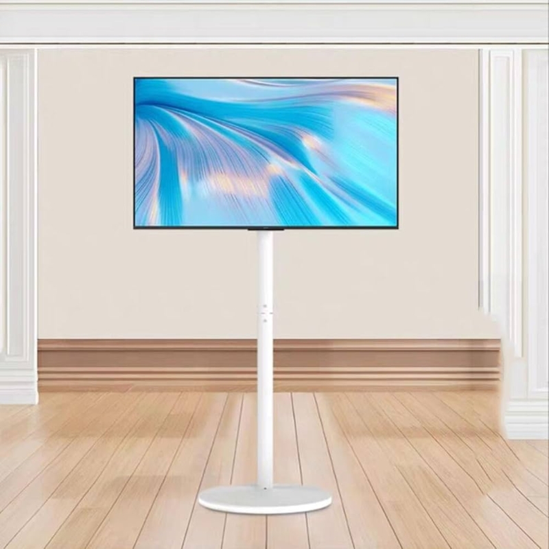 TV Floor Stand White Circular Base Slim Pole Minimalist Mount