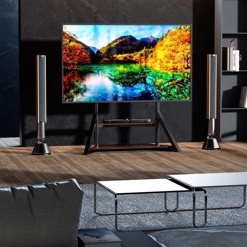 TV Stand A-Frame Design Dual Shelves Wood Toned Industrial Mobile