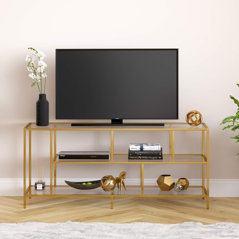 TV Stand Brass Finish Asymmetrical Shelving Modern Glam