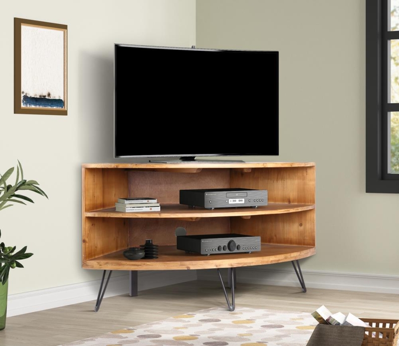 TV Stand Corner Design Natural Brown Wood with Black Hairpin Legs