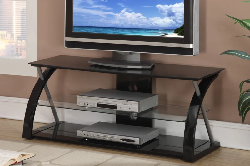 TV Stand Curved Black Supports Silver X-Frame Mixed Glass Shelves