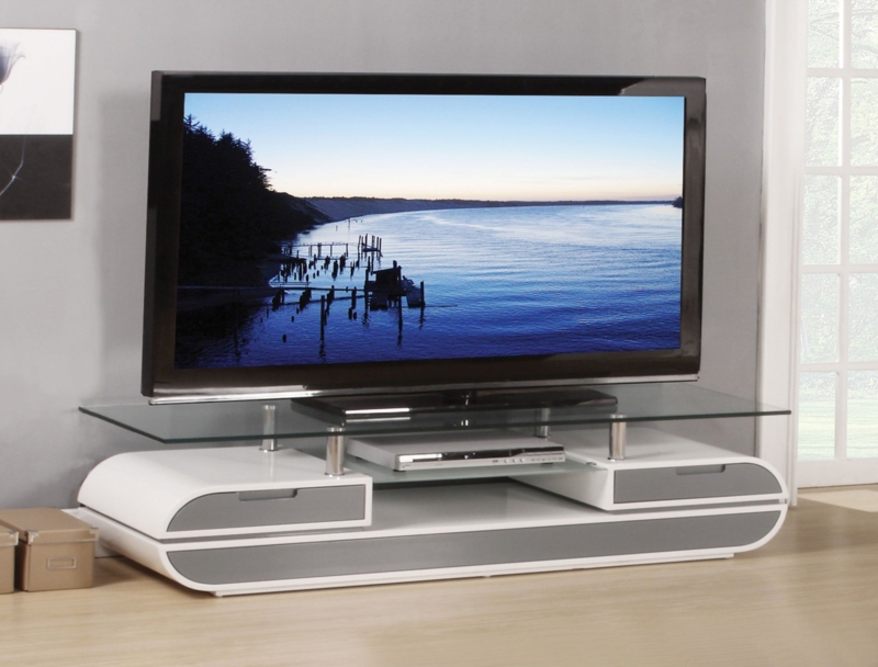 TV Stand Curved Capsule Shape Floating Glass Top Dual Tone Finish