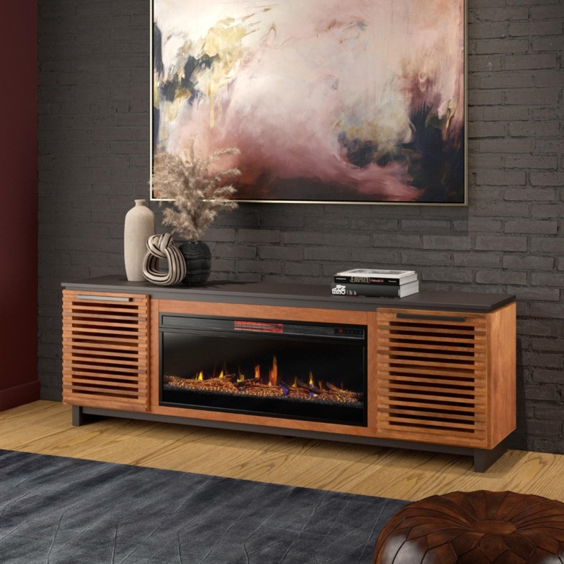 TV Stand Electric Fireplace Louvered Doors Charcoal Top Media Console