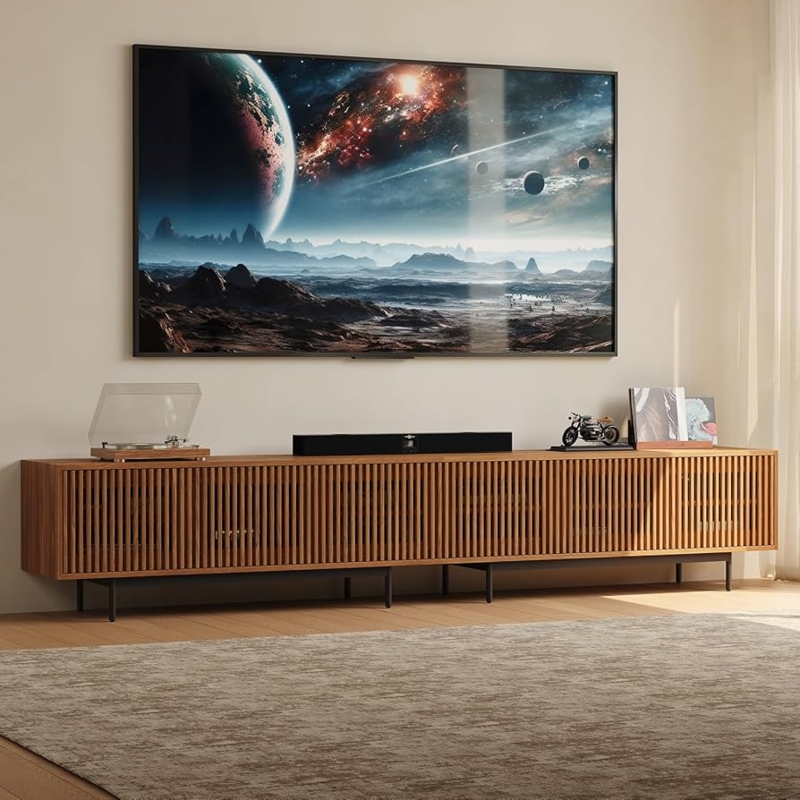 TV Stand Extra Long Slatted Doors Walnut Wood Media Console