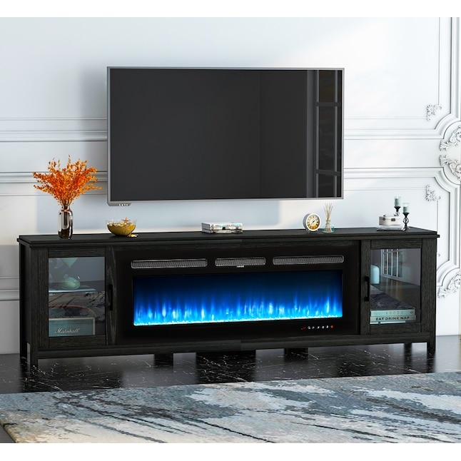 TV Stand Fireplace Electric Blue Flame with Black Glass Cabinets