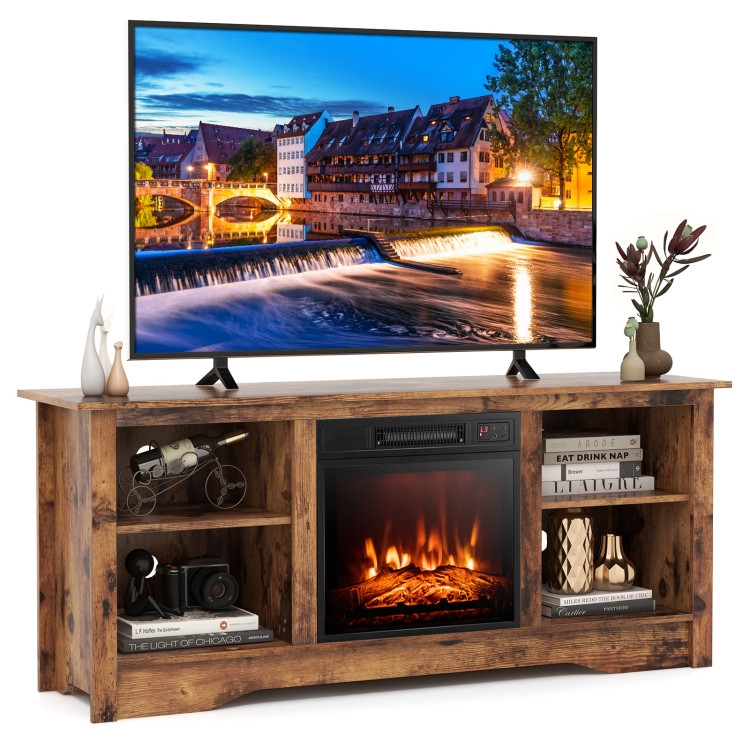 TV Stand Fireplace Rustic Brown Wood Grain with Open Cubby Storage