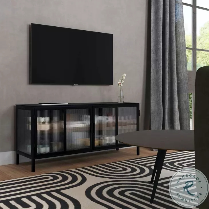 TV Stand Fluted Glass Doors Wood Toned Interior Matte Finish