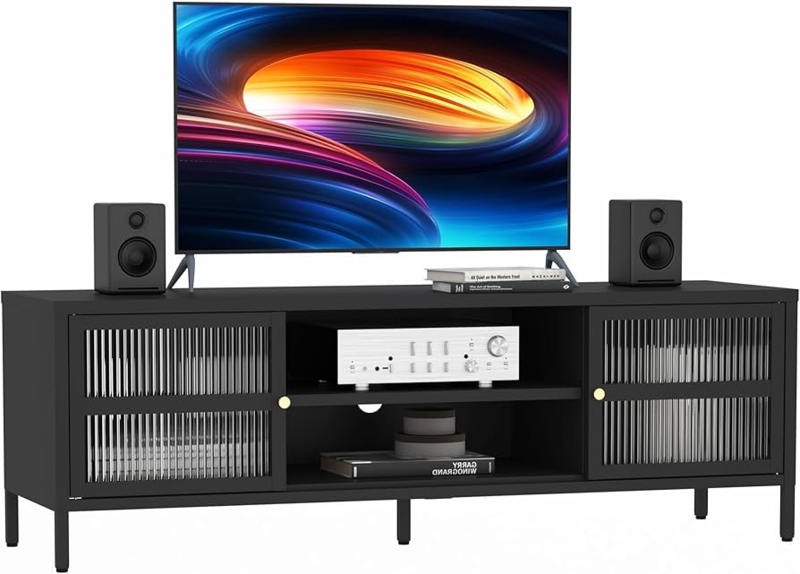 TV Stand Gold Knobs Fluted Glass Doors Center Support Leg