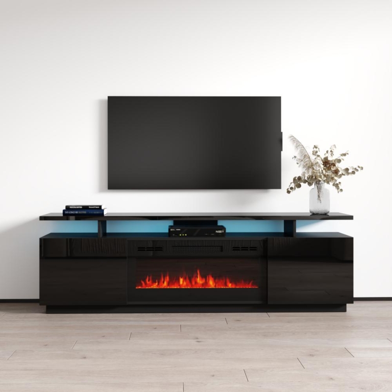 TV Stand High Gloss Black with Blue LED Lighting and Handleless Drawers