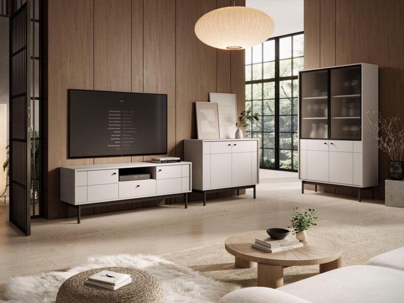 TV Stand Japandi Beige Fluted Glass Doors Black Tapered Legs 154cm