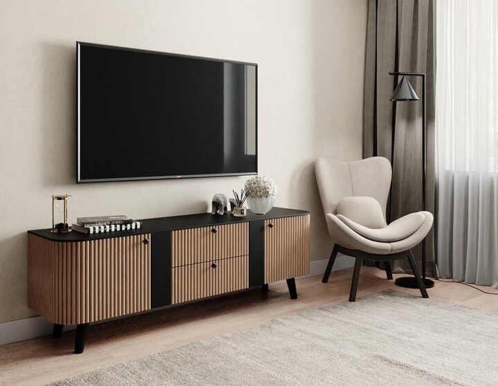 TV Stand Japandi Fluted Oak Panels Curved Ends Matte Black Accents