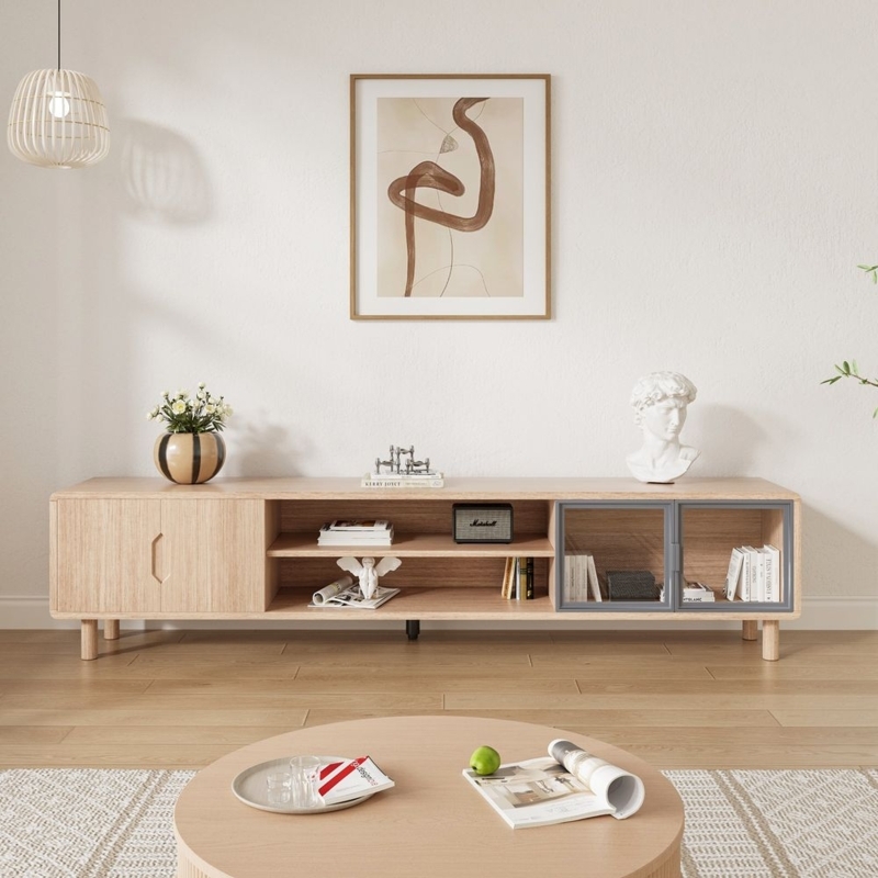 TV Stand Japandi Light Oak Grey Framed Glass Doors Recessed Handles
