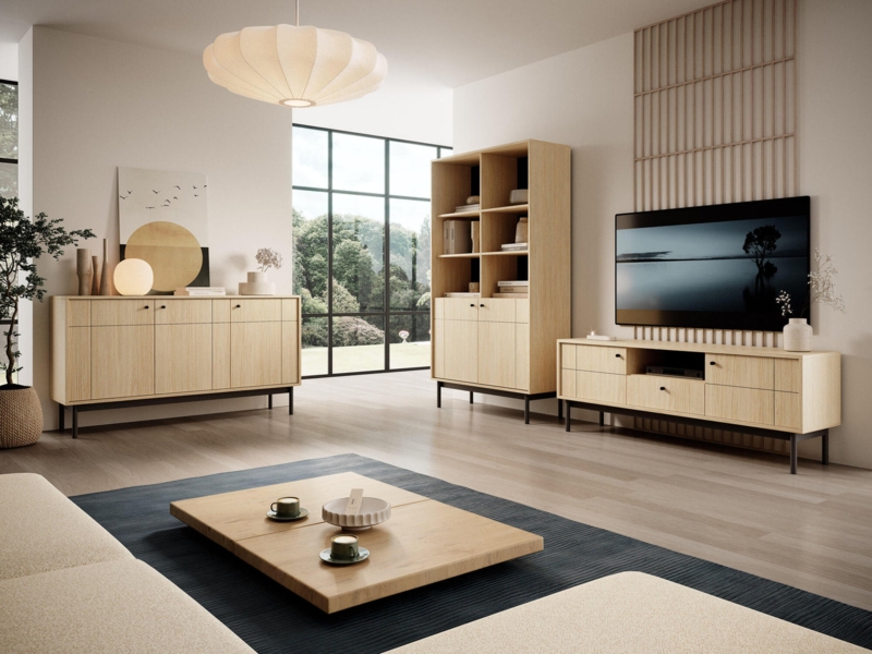 TV Stand Japandi Light Oak Slender Black Legs Minimal Hardware