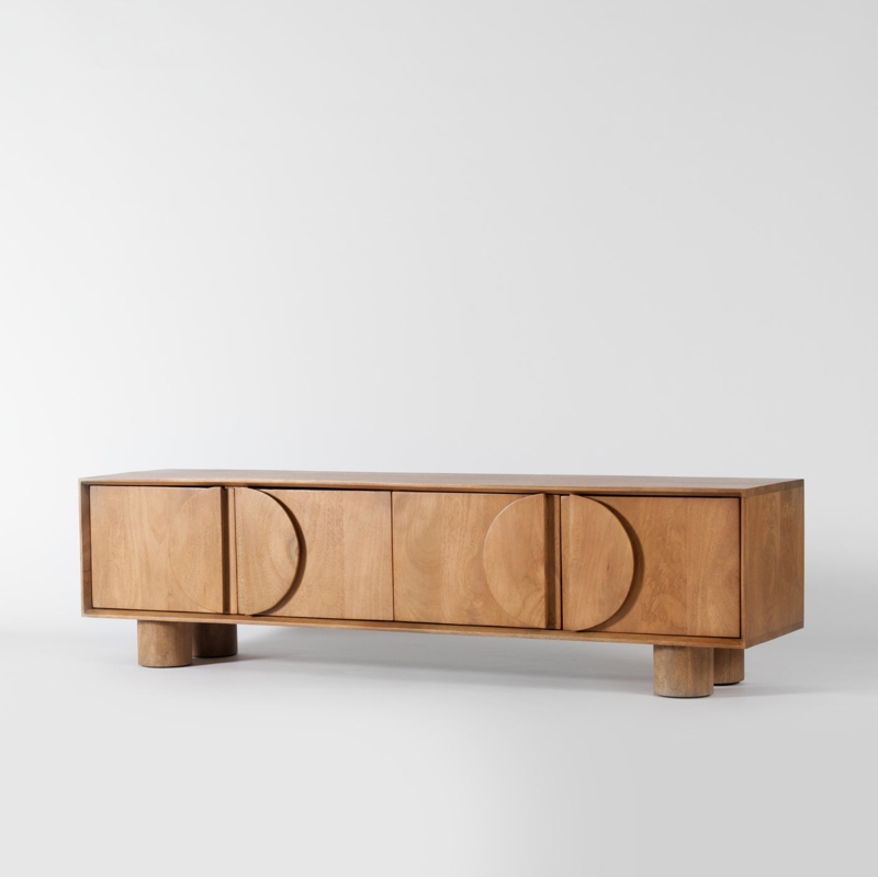 TV Stand Japandi Mango Wood Geometric Relief Semi Circle Pulls