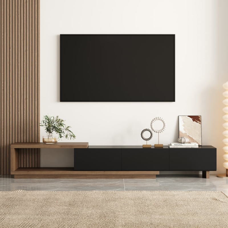 TV Stand Japandi Matte Black Asymmetrical Design Cantilevered Shelf