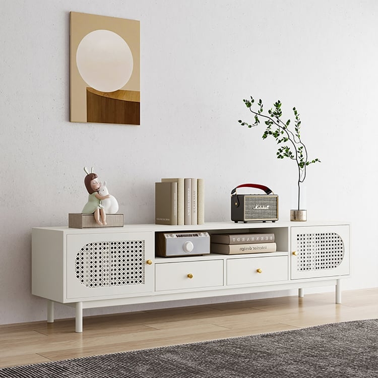 TV Stand Japandi Off White Arched Rattan Doors Gold Knobs Scandi Chic