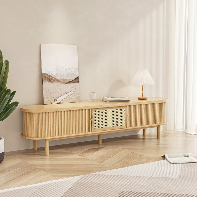 TV Stand Japandi Oval Silhouette Pine Wood Rattan Doors Pill Shaped