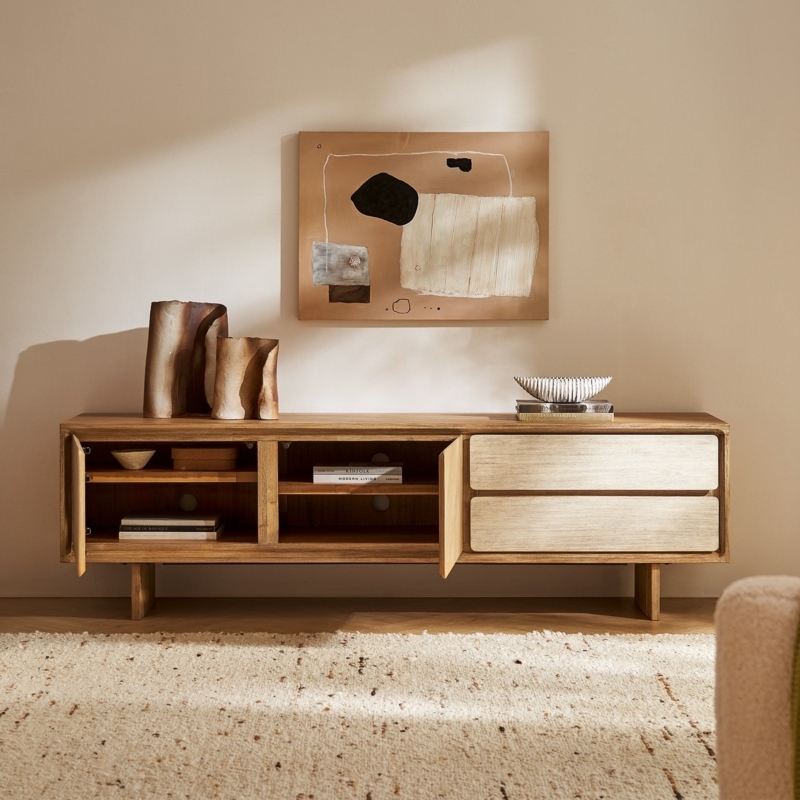 TV Stand Japandi Rustic Wood with Mixed Storage Block Legs