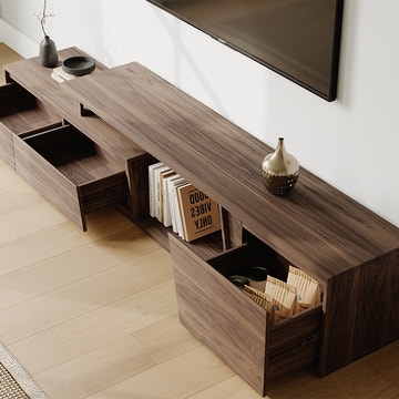 TV Stand Japandi Walnut Extendable Nested Design Integrated Drawers