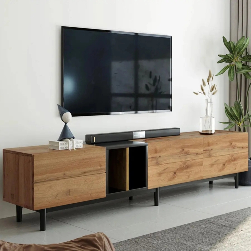 TV Stand Japandi Warm Oak Black Frame Base Four Drawers Open Center