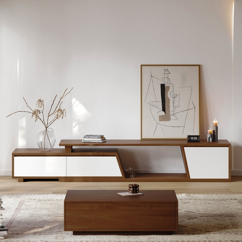 TV Stand Japandi White and Walnut Extendable Asymmetrical Silhouette