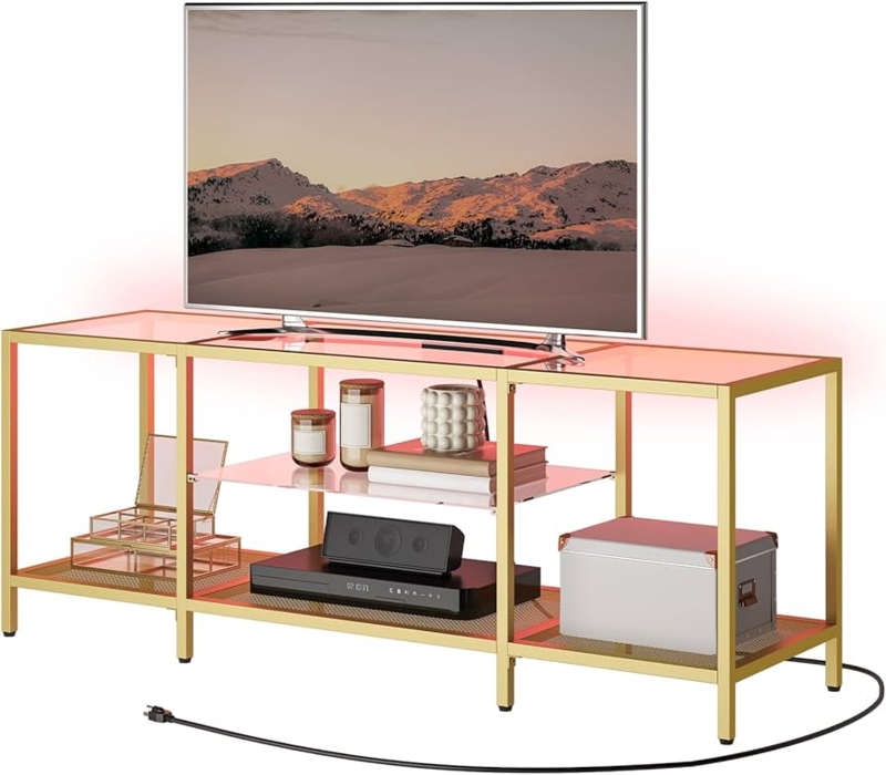 TV Stand LED Lighting Mesh Base Gold Metal Frame Power Outlets